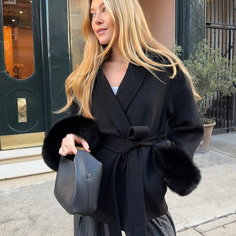Manteau en Laine Mélangée Ceinturé avec Manches en Fausse Fourrure
